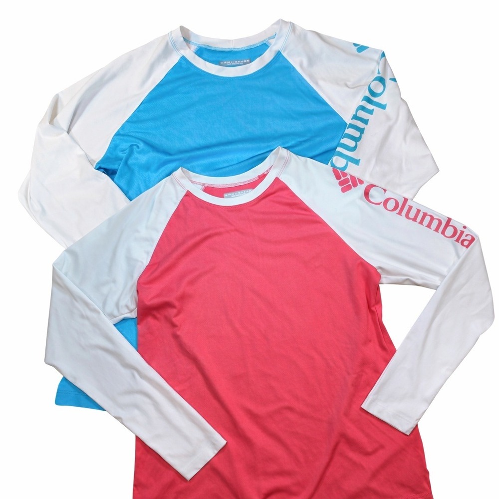 Columbia PFG Women Long Sleeve Sun Shirts Blue Pink White Omni-Shade Med Raglan